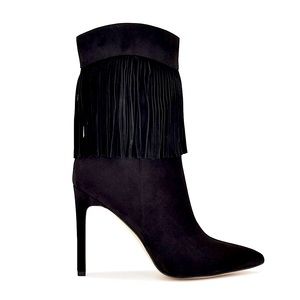 NWT Nine West Black Fringe Western Boots Boho Faux Suede Heels